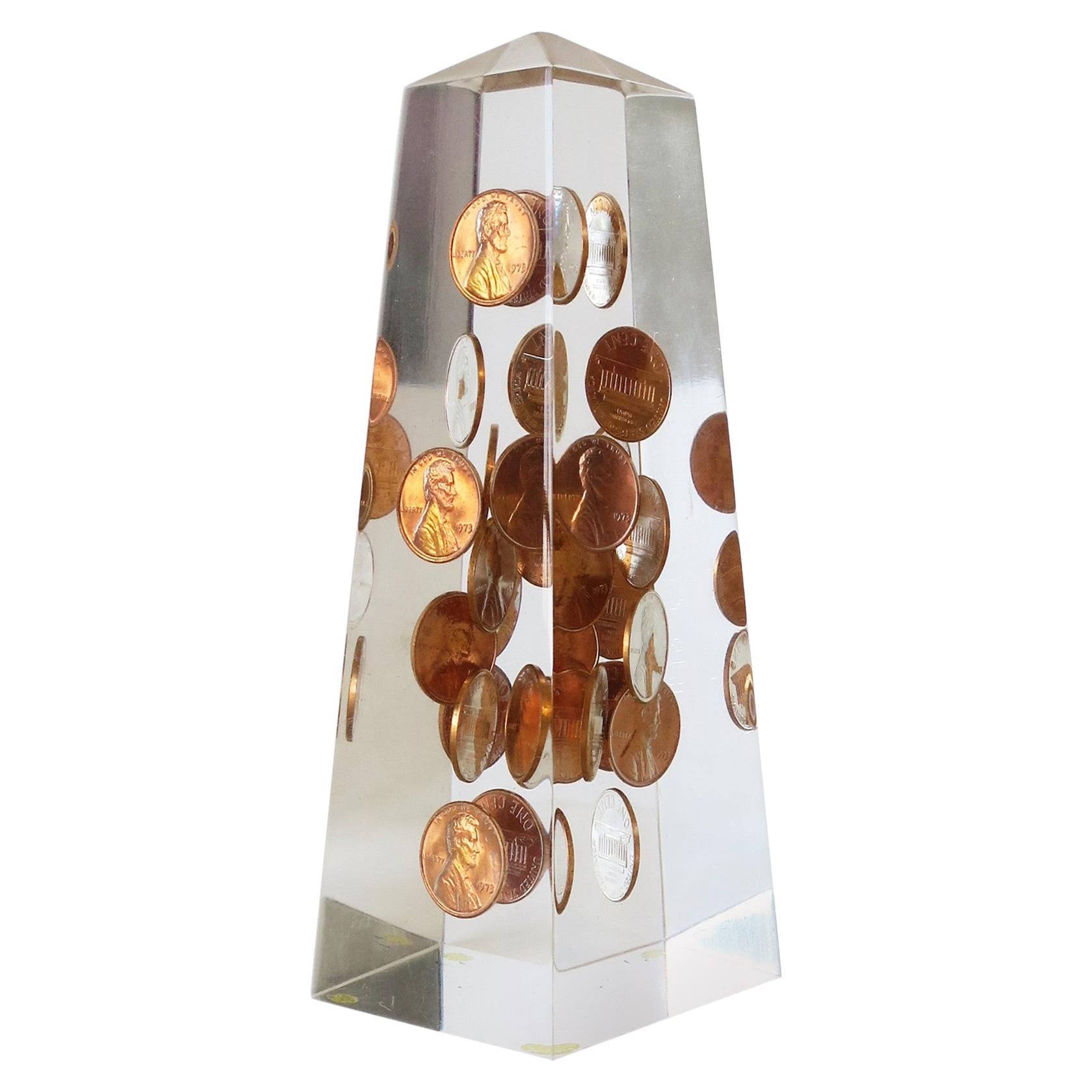 Modern Lucite and Copper Penny Obelisk, ca. 1970s For Sale