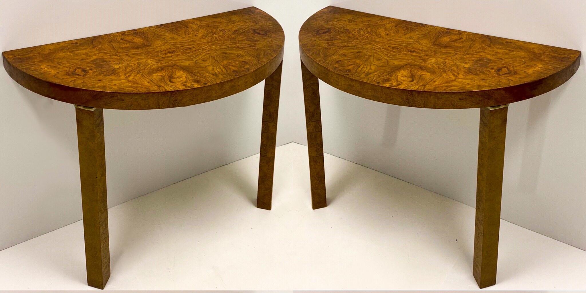Late 20th Century 1970s Modern Milo Baughman Style Burl and Brass Console Tables, a Pair