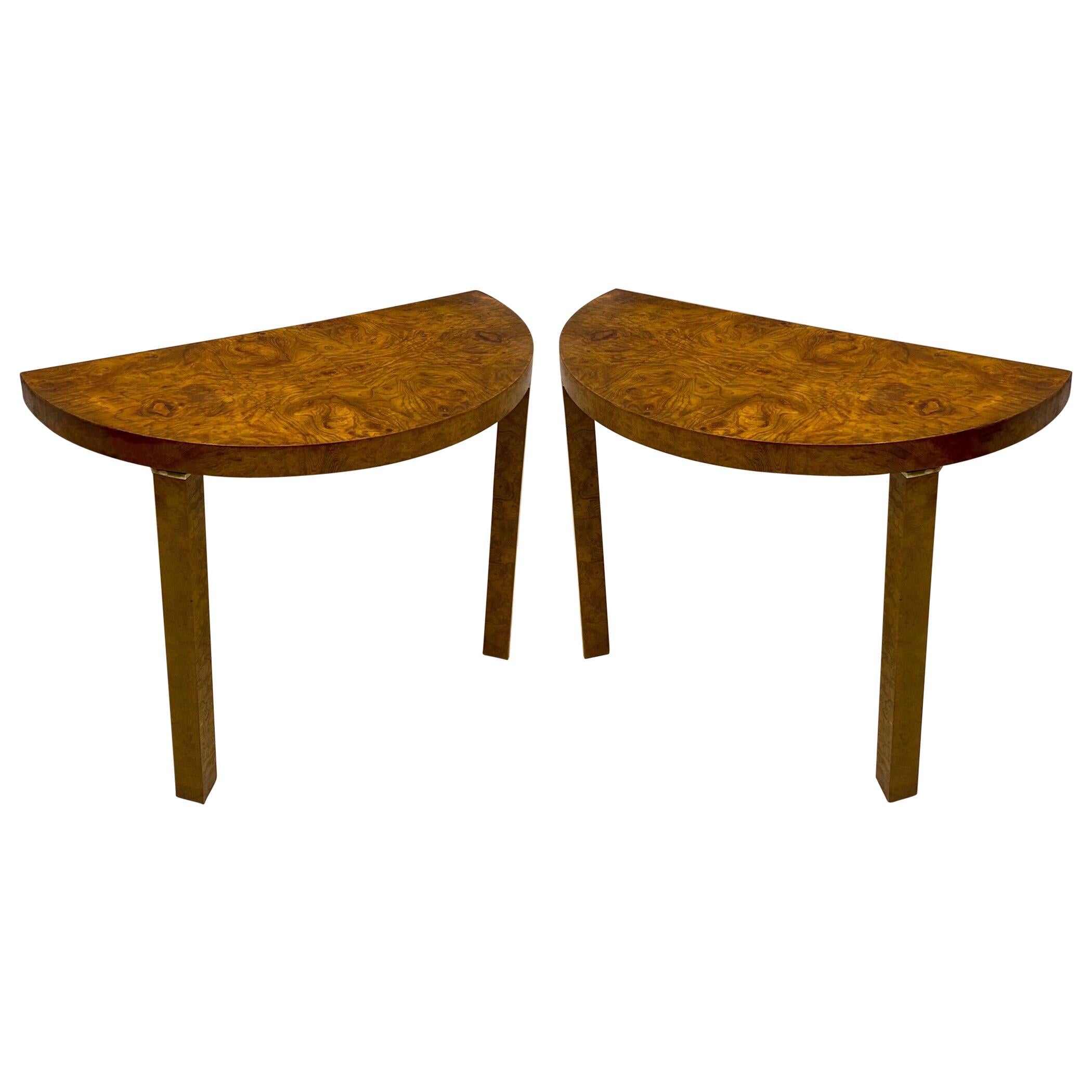 1970s Modern Milo Baughman Style Burl and Brass Console Tables, a Pair