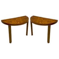 1970s Modern Milo Baughman Style Burl and Brass Console Tables, a Pair