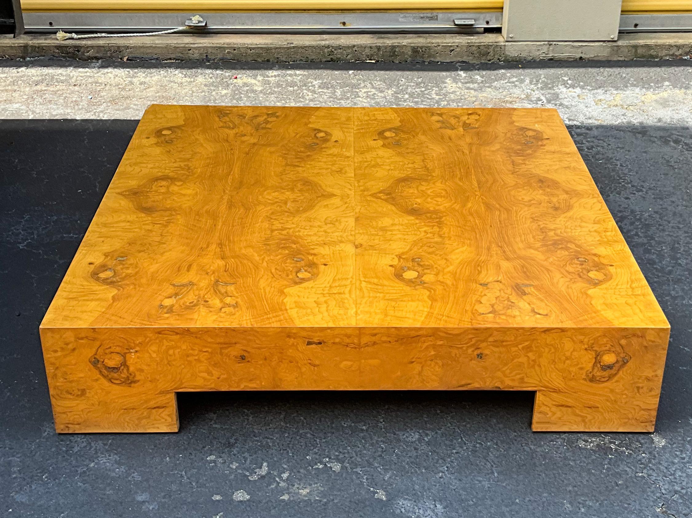 1970s Modern Milo Baughman Style Burl Veneer Low Profile Square Coffee