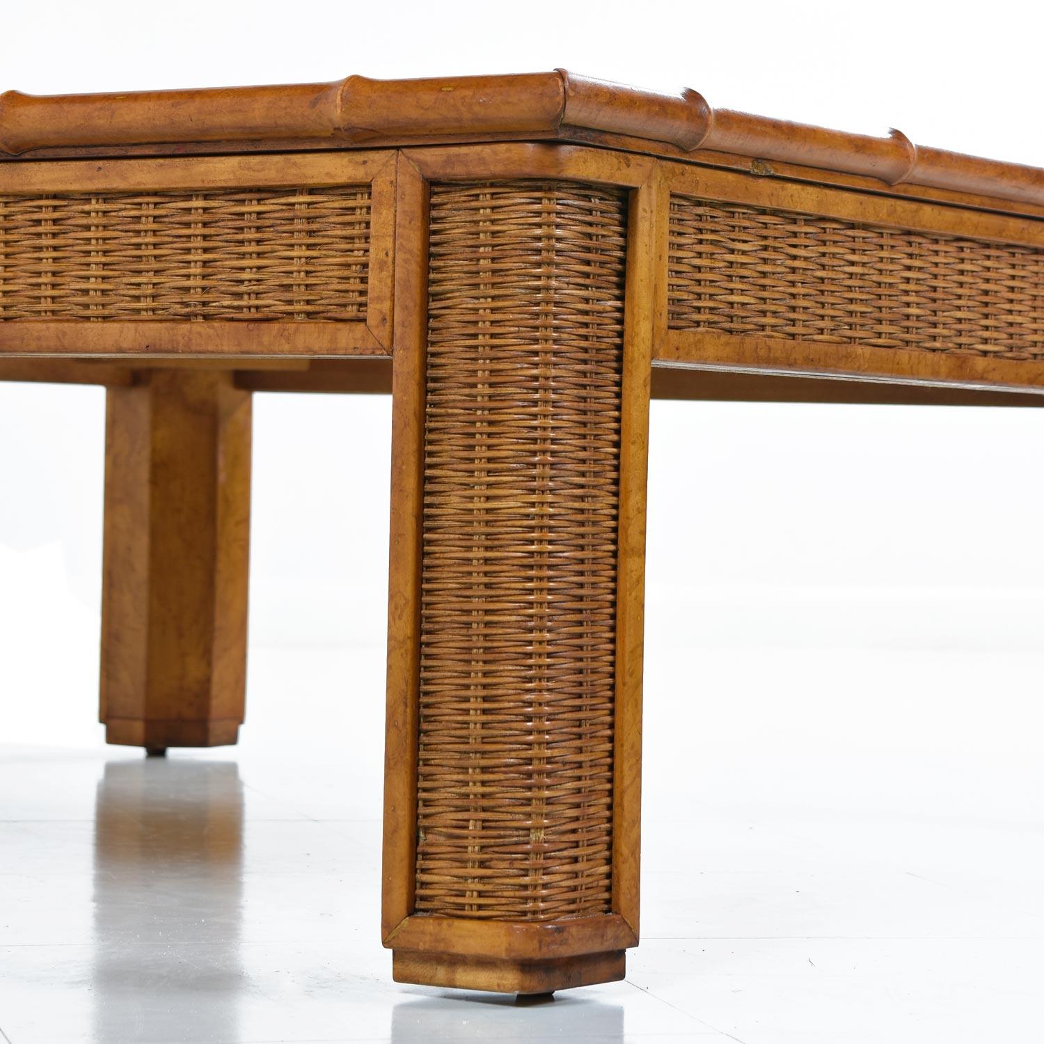 Mid-Century Modern 1970s Modern Monumental Glass Panel Reed Rattan Bamboo Coffee Table