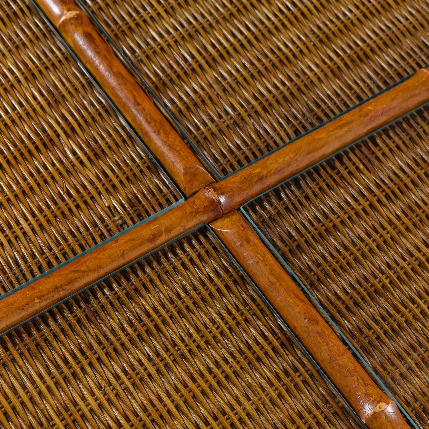 American 1970s Modern Monumental Glass Panel Reed Rattan Bamboo Coffee Table