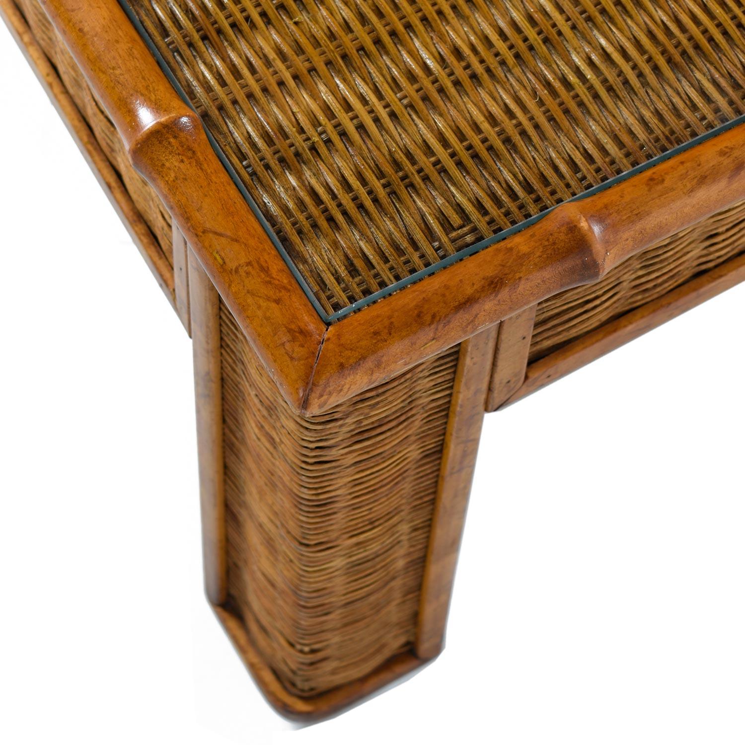 1970s Modern Monumental Glass Panel Reed Rattan Bamboo Coffee Table In Excellent Condition In Chattanooga, TN