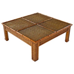 Vintage 1970s Modern Monumental Glass Panel Reed Rattan Bamboo Coffee Table