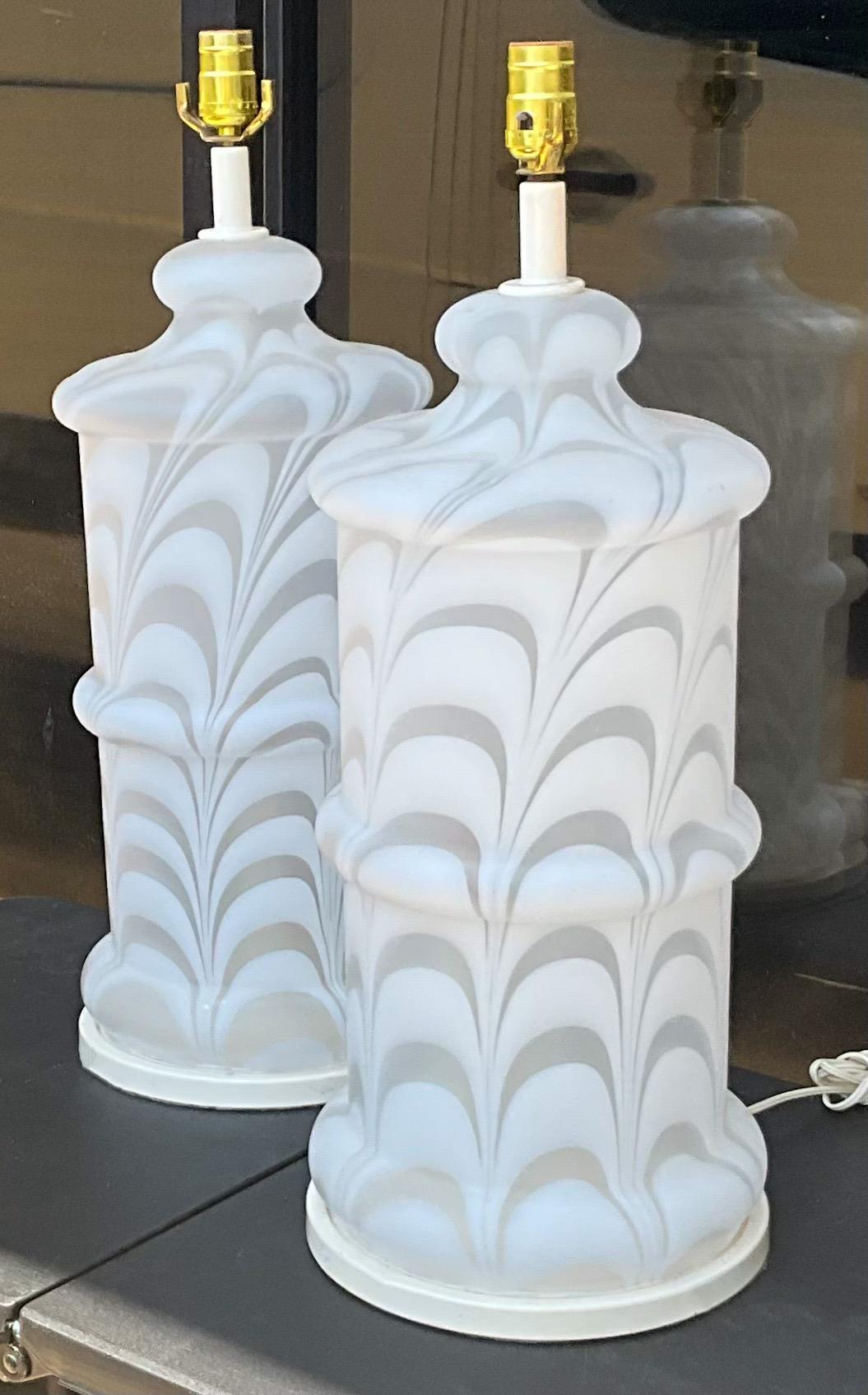 1970s Modern Monumental Mazzega Style Swirled Murano Glass Table Lamps - Pair In Good Condition For Sale In Kennesaw, GA