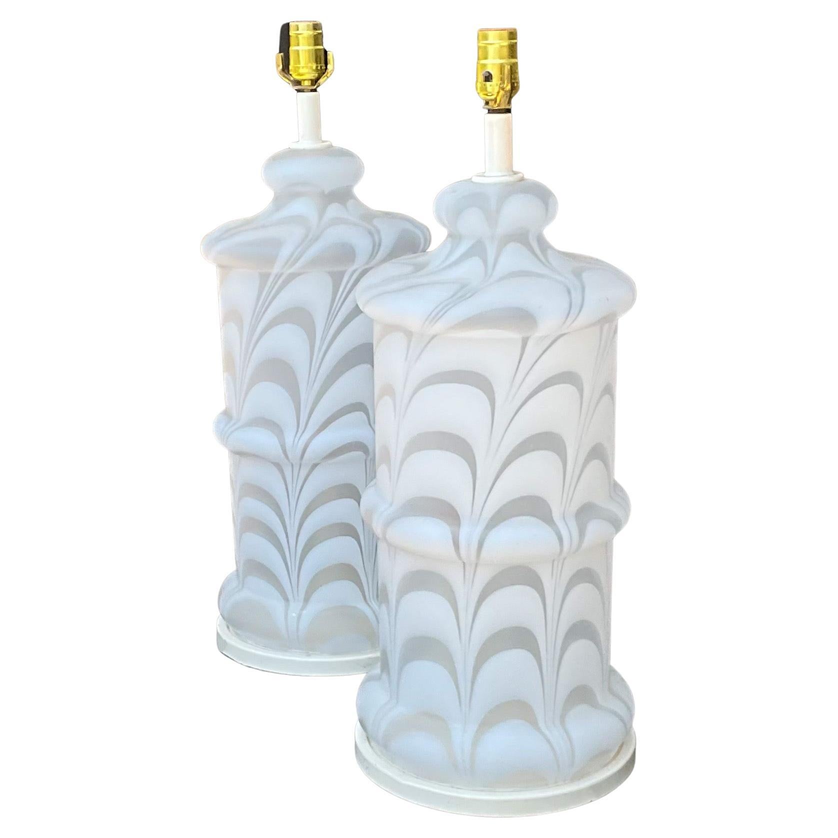 1970s Modern Monumental Mazzega Style Swirled Murano Glass Table Lamps - Pair For Sale