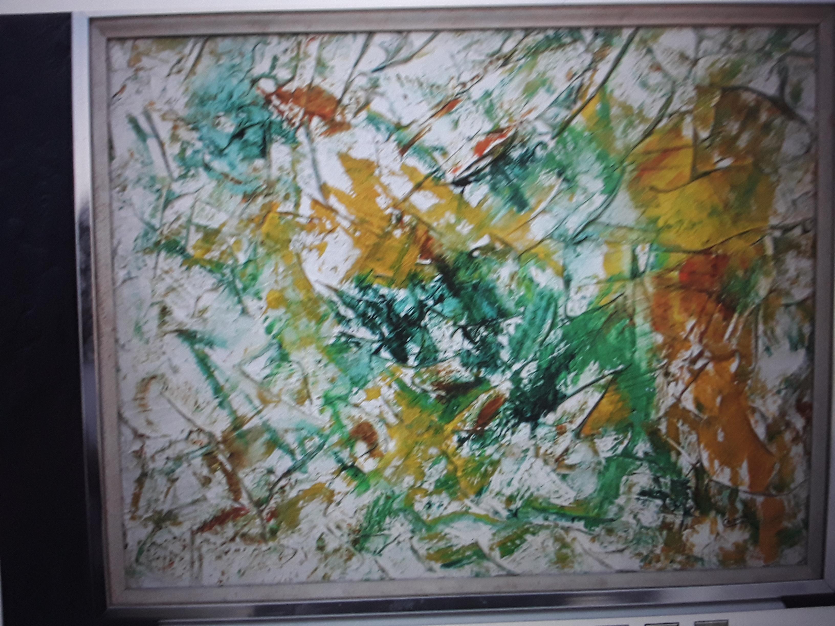 1970's Modern Multi Colored Framed Abstract Oil Painting Signed 