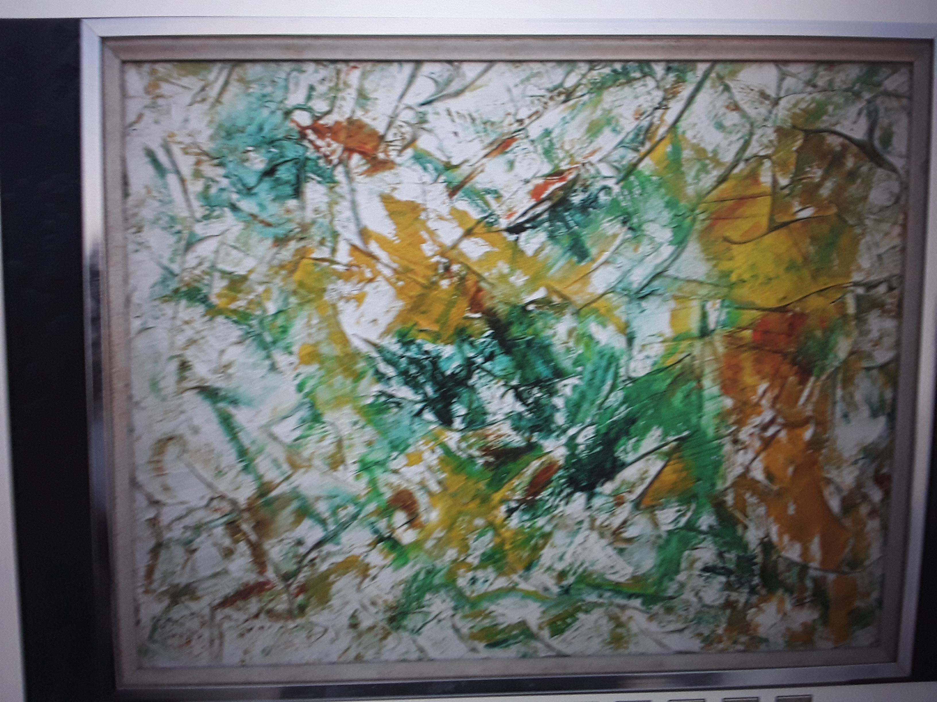 1970's Modern Multi Colored Abstract Oil Painting Framed and Signed 