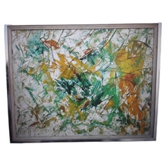 Peinture à l'huile abstraite multicolore moderne des années 1970 encadrée et signée « Cowan »