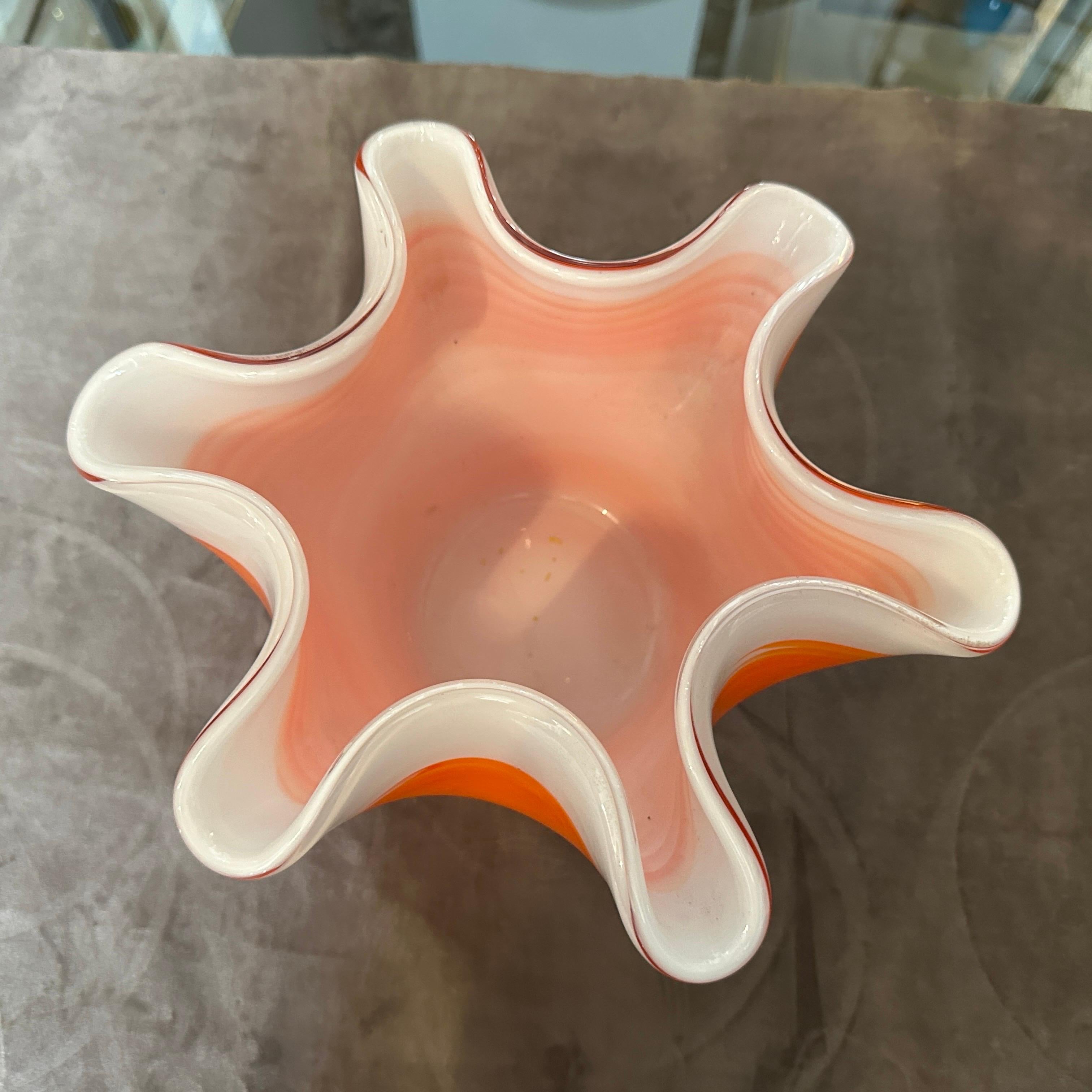 Italian 1970s Modern Orange and White Murano Glass Vase in the manner of Venini For Sale