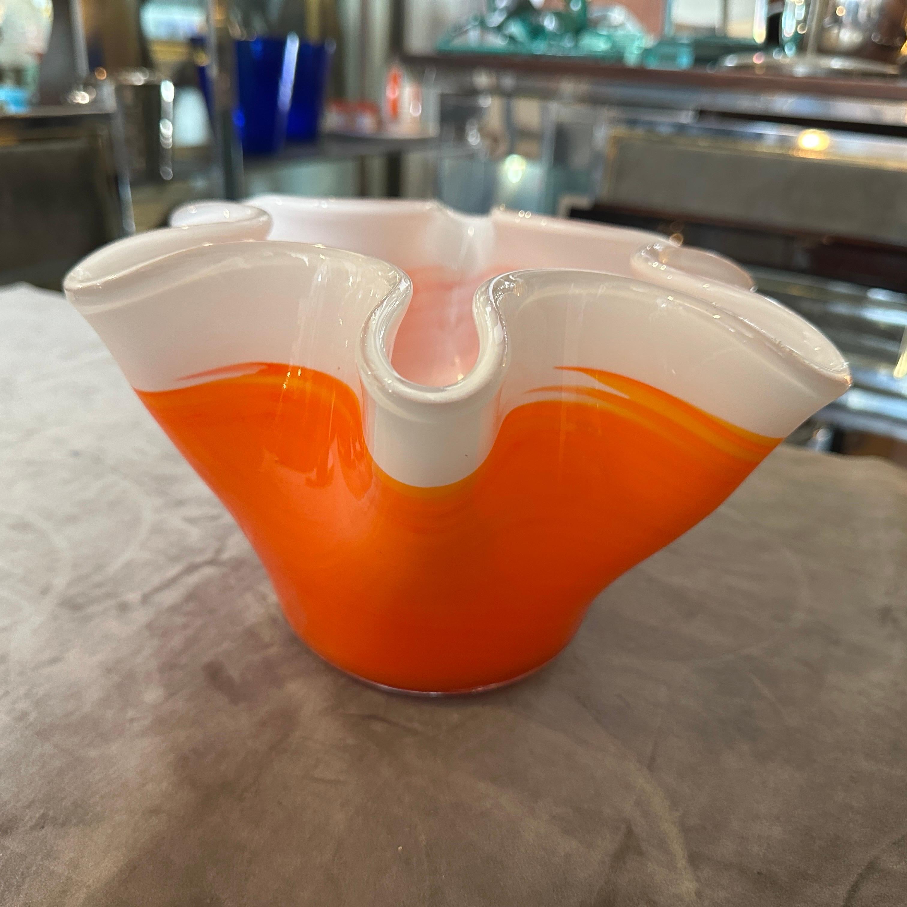 1970s Modern Orange and White Murano Glass Vase in the manner of Venini For Sale 2