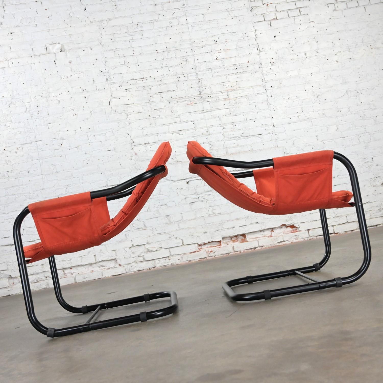 1970’s Modern Orange & Black Tube Cantilever Sling Lounge Chairs Jerry Johnson S For Sale 4