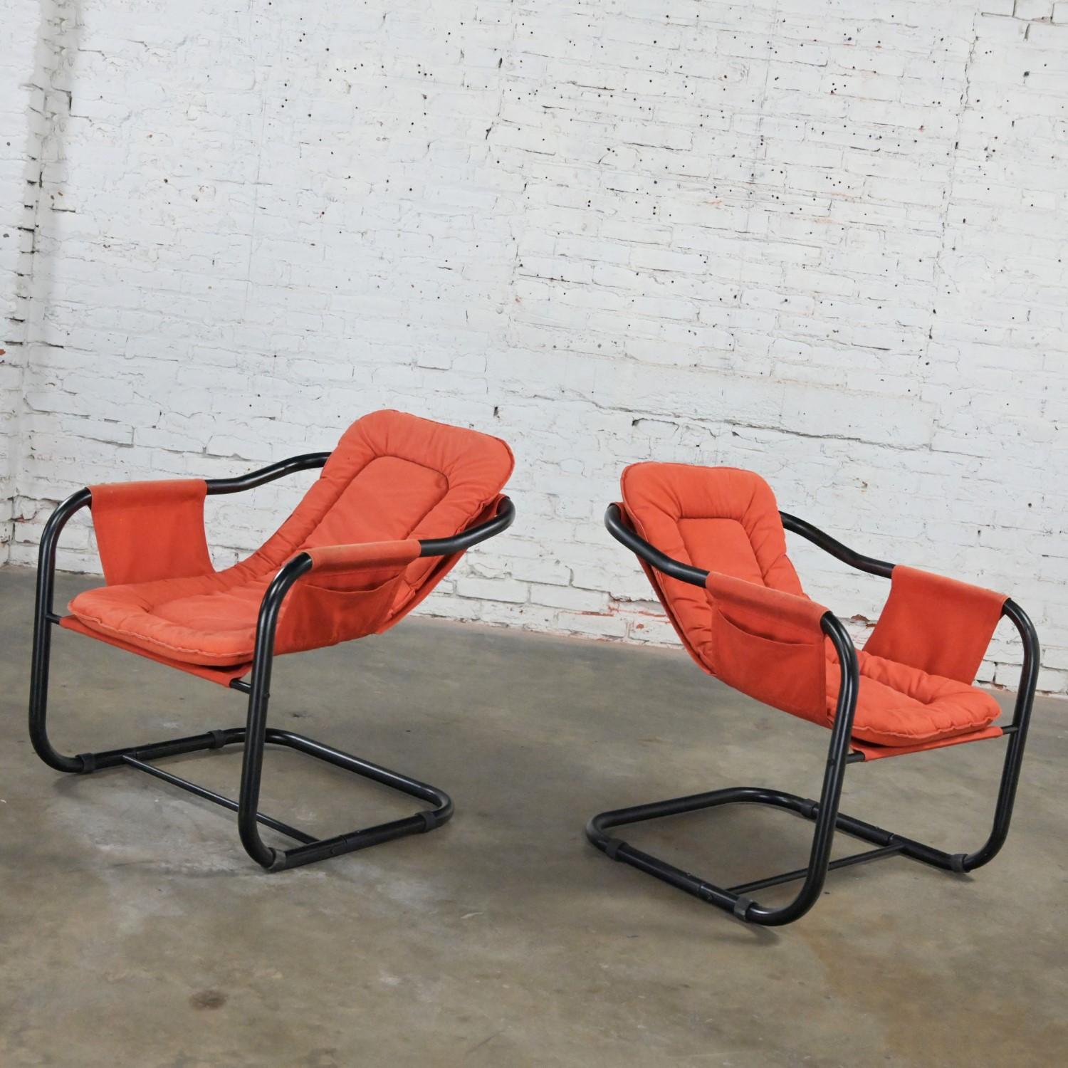 1970’s Modern Orange & Black Tube Cantilever Sling Lounge Chairs Jerry Johnson S For Sale 6