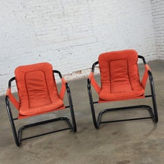 1970’s Modern Orange & Black Tube Cantilever Sling Lounge Chairs Jerry Johnson S