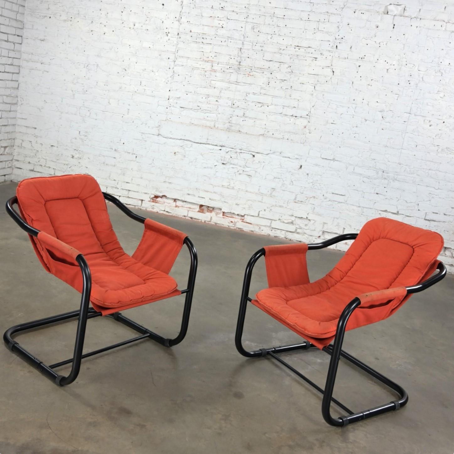 Unknown 1970’s Modern Orange & Black Tube Cantilever Sling Lounge Chairs Jerry Johnson S For Sale