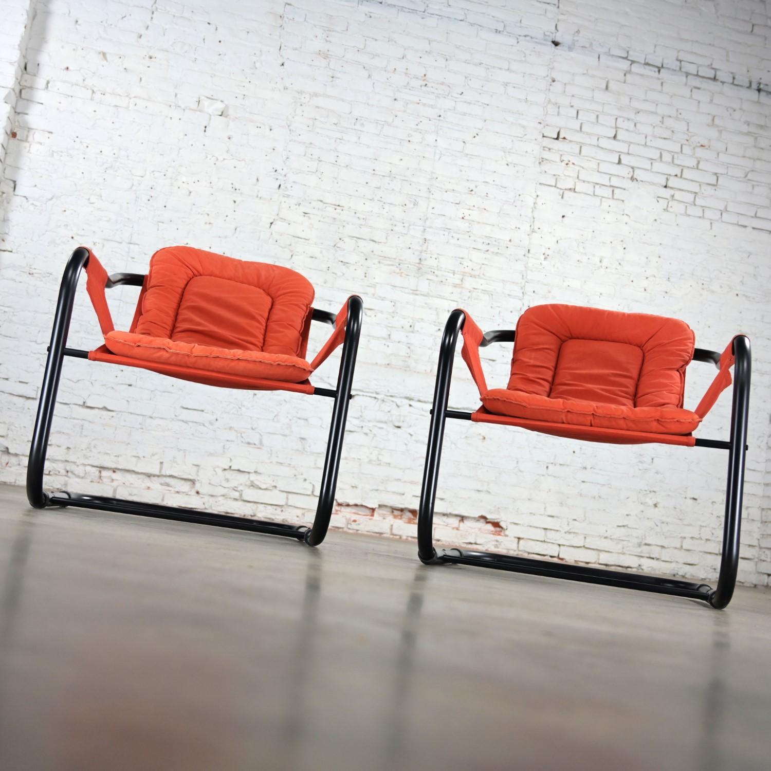 Late 20th Century 1970’s Modern Orange & Black Tube Cantilever Sling Lounge Chairs Jerry Johnson S For Sale