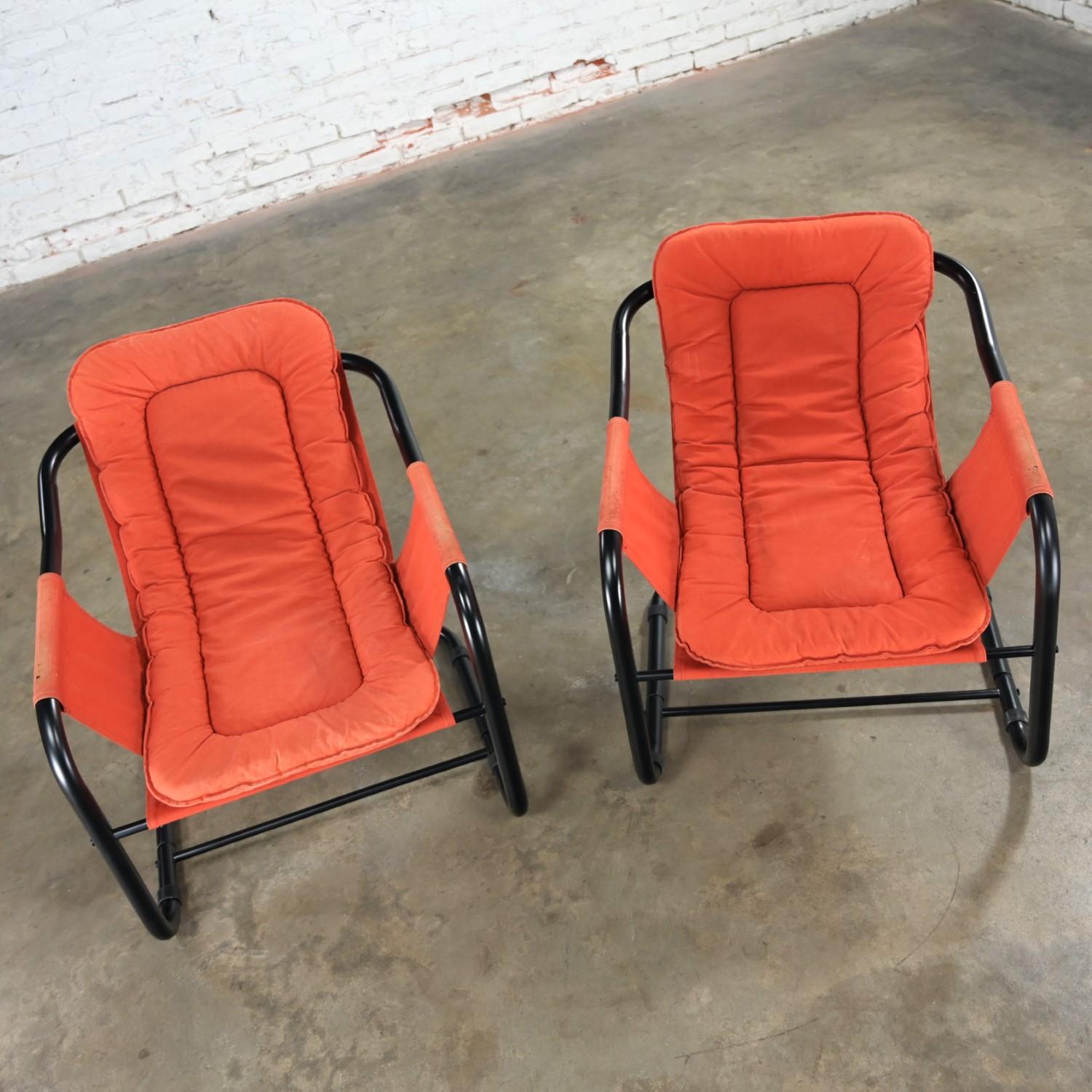 Metal 1970’s Modern Orange & Black Tube Cantilever Sling Lounge Chairs Jerry Johnson S For Sale