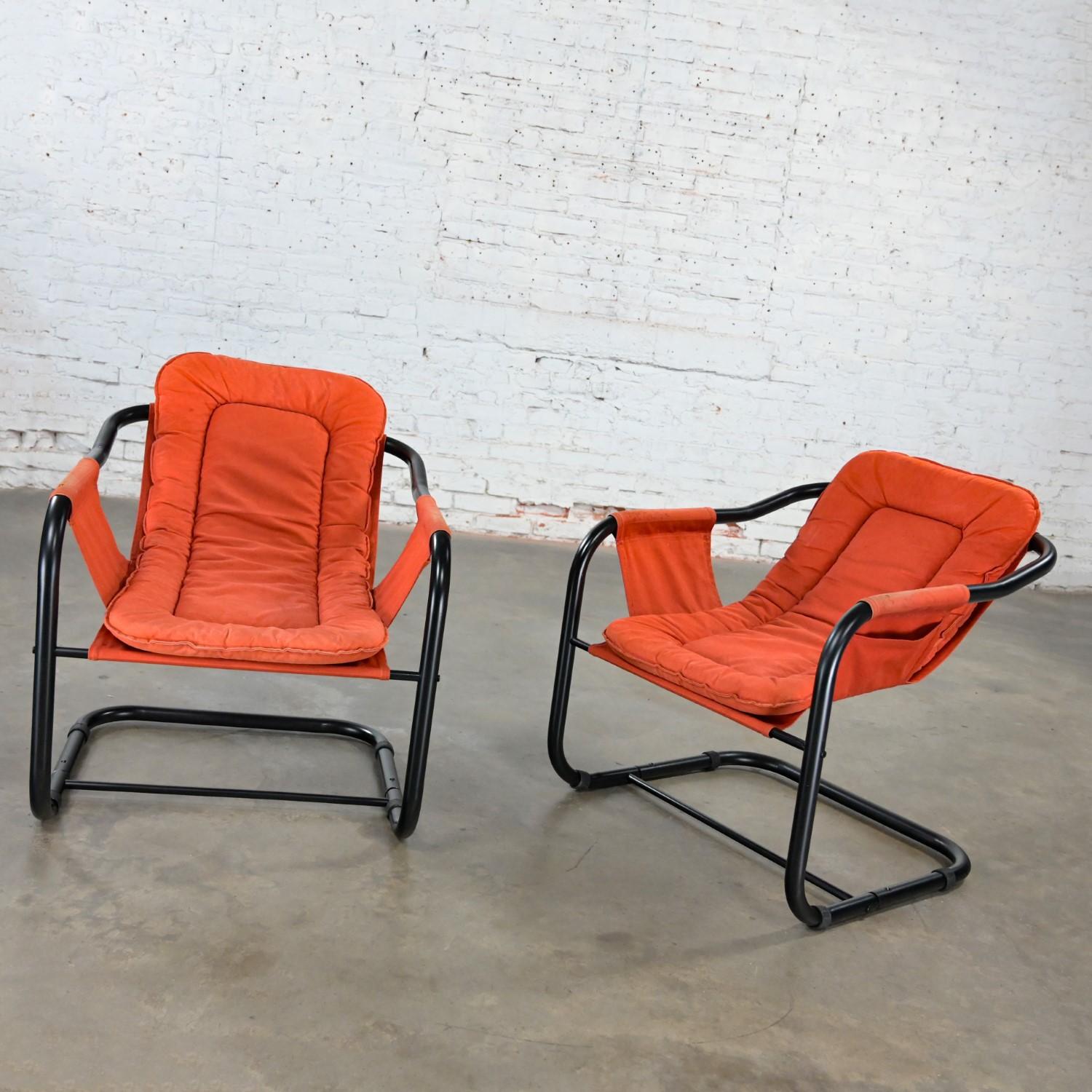 1970’s Modern Orange & Black Tube Cantilever Sling Lounge Chairs Jerry Johnson S For Sale 1