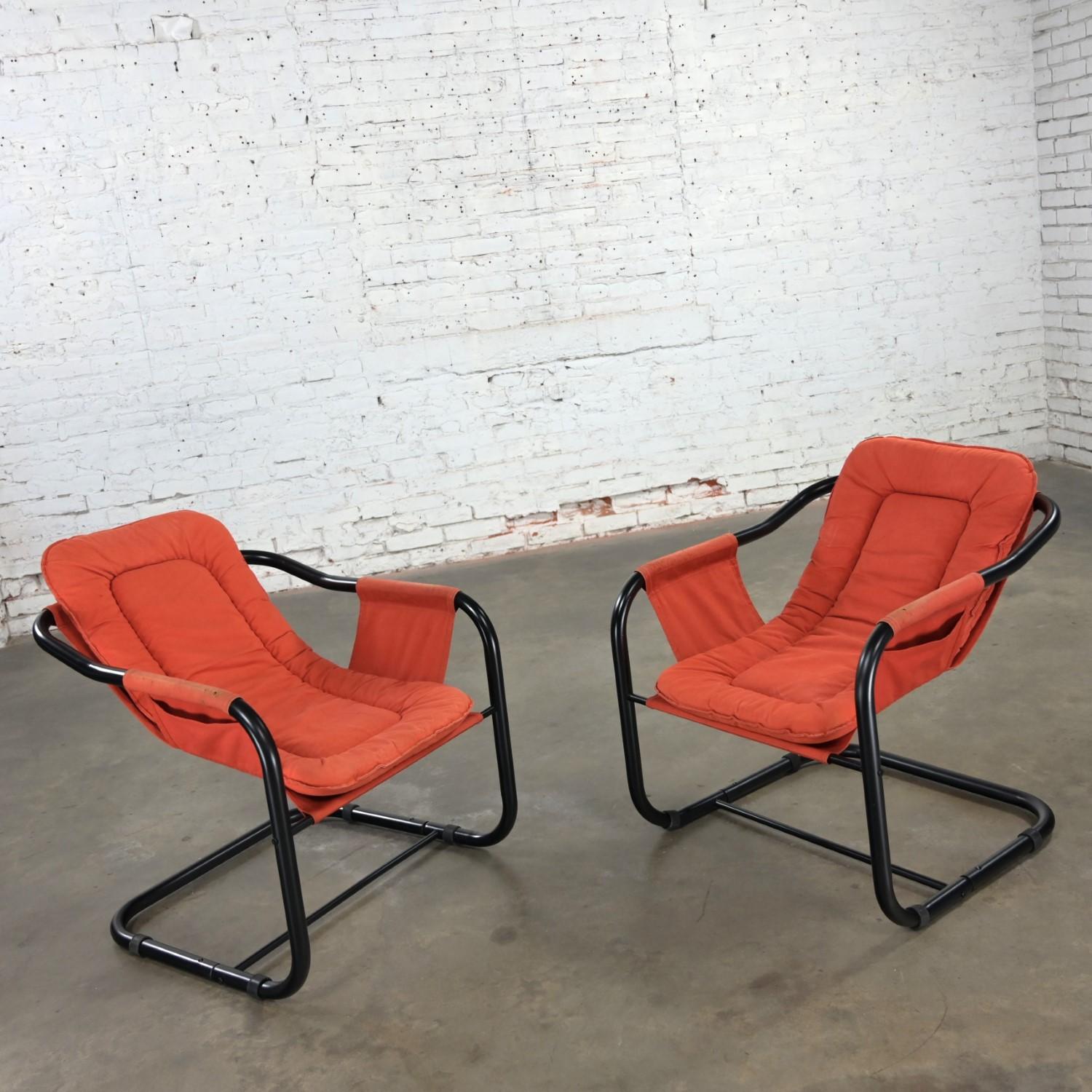 1970’s Modern Orange & Black Tube Cantilever Sling Lounge Chairs Jerry Johnson S For Sale 2