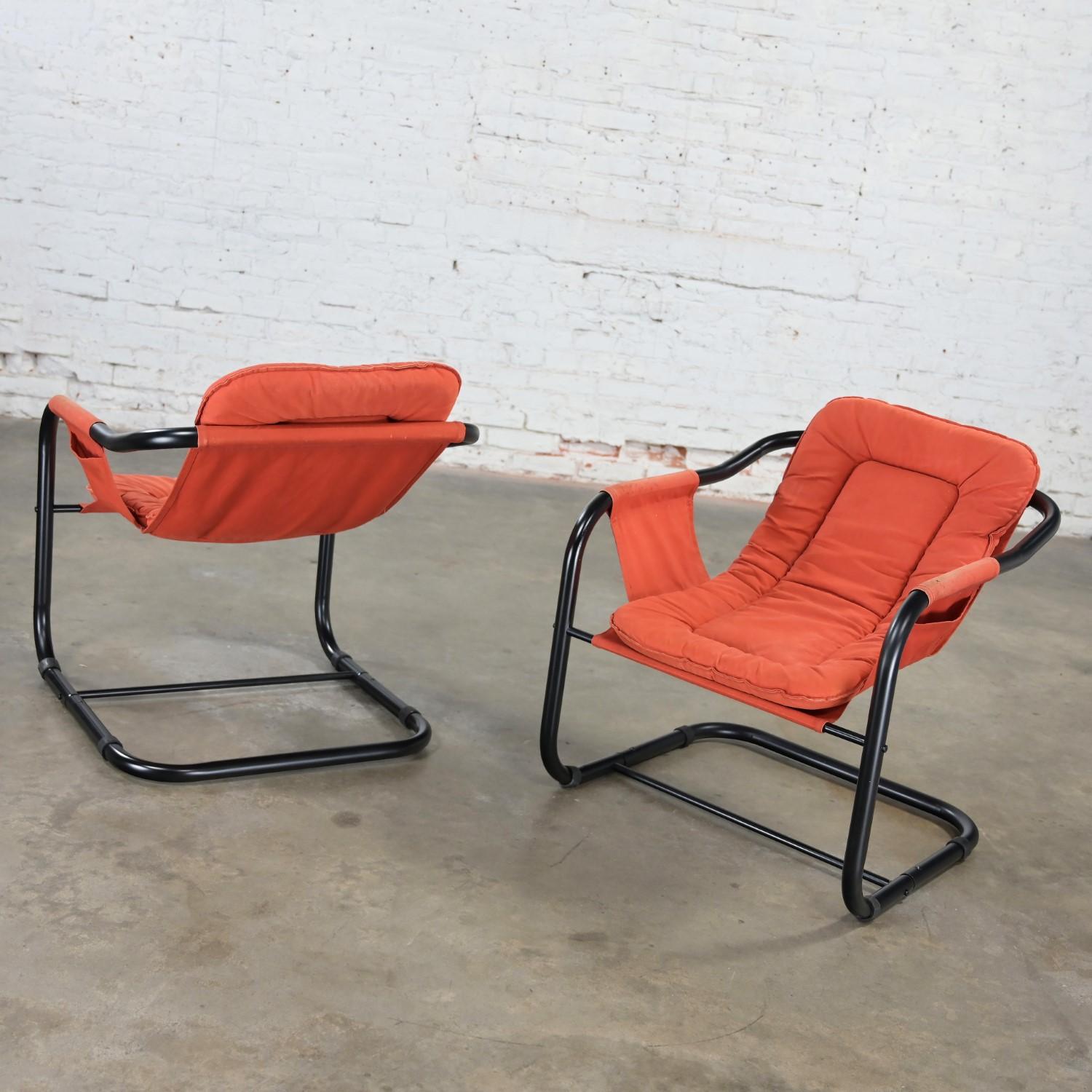 1970’s Modern Orange & Black Tube Cantilever Sling Lounge Chairs Jerry Johnson S For Sale 3