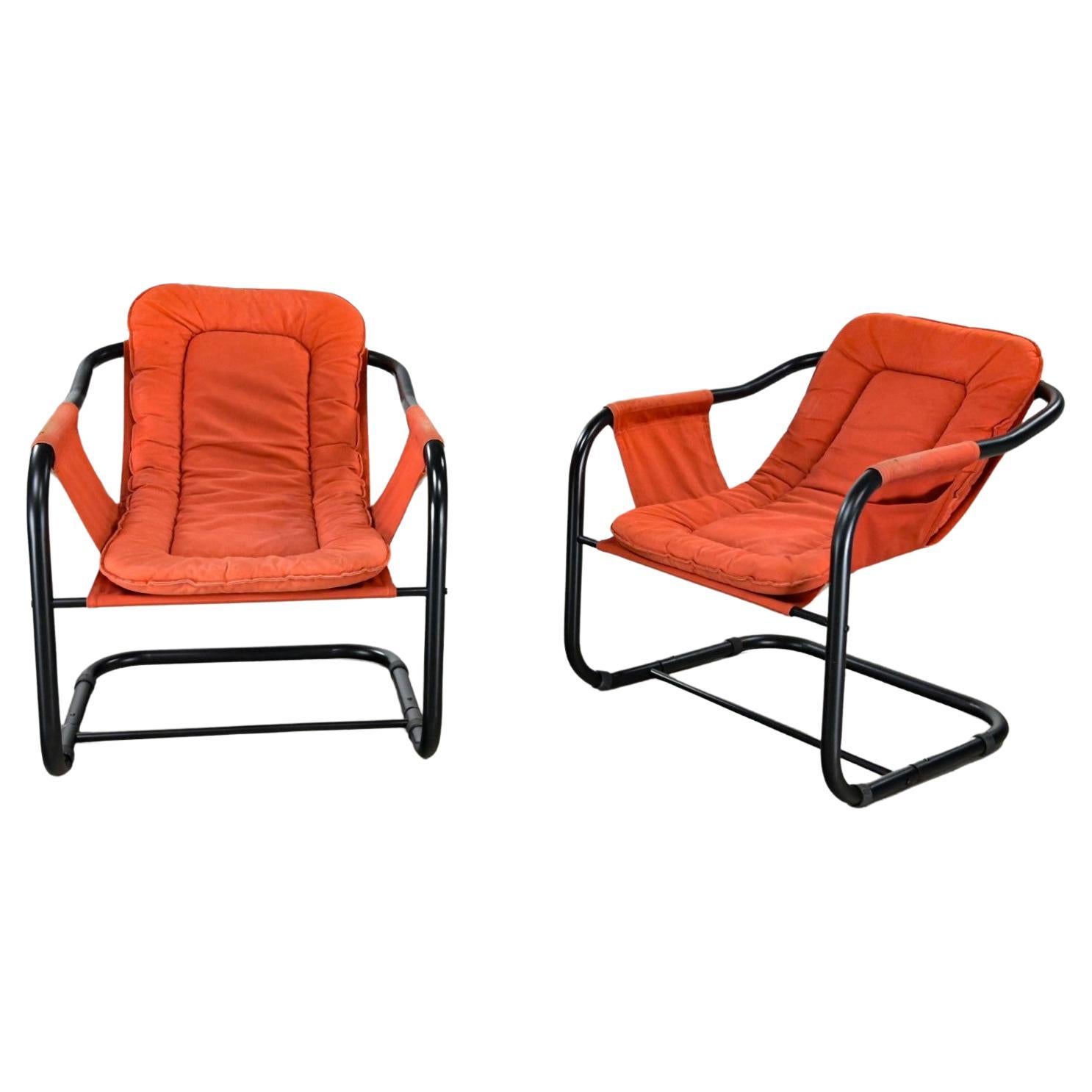 The Modernity 1970's Orange & Black Tube Cantilever Sling Lounge Chairs Jerry Johnson S