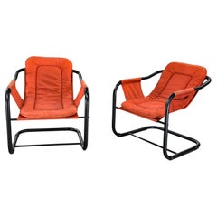 1970’s Modern Orange & Black Tube Cantilever Sling Lounge Chairs Jerry Johnson S