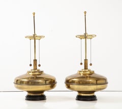 1970's Modern Oversized Brass Table Lamps with Wood Lacquer Base