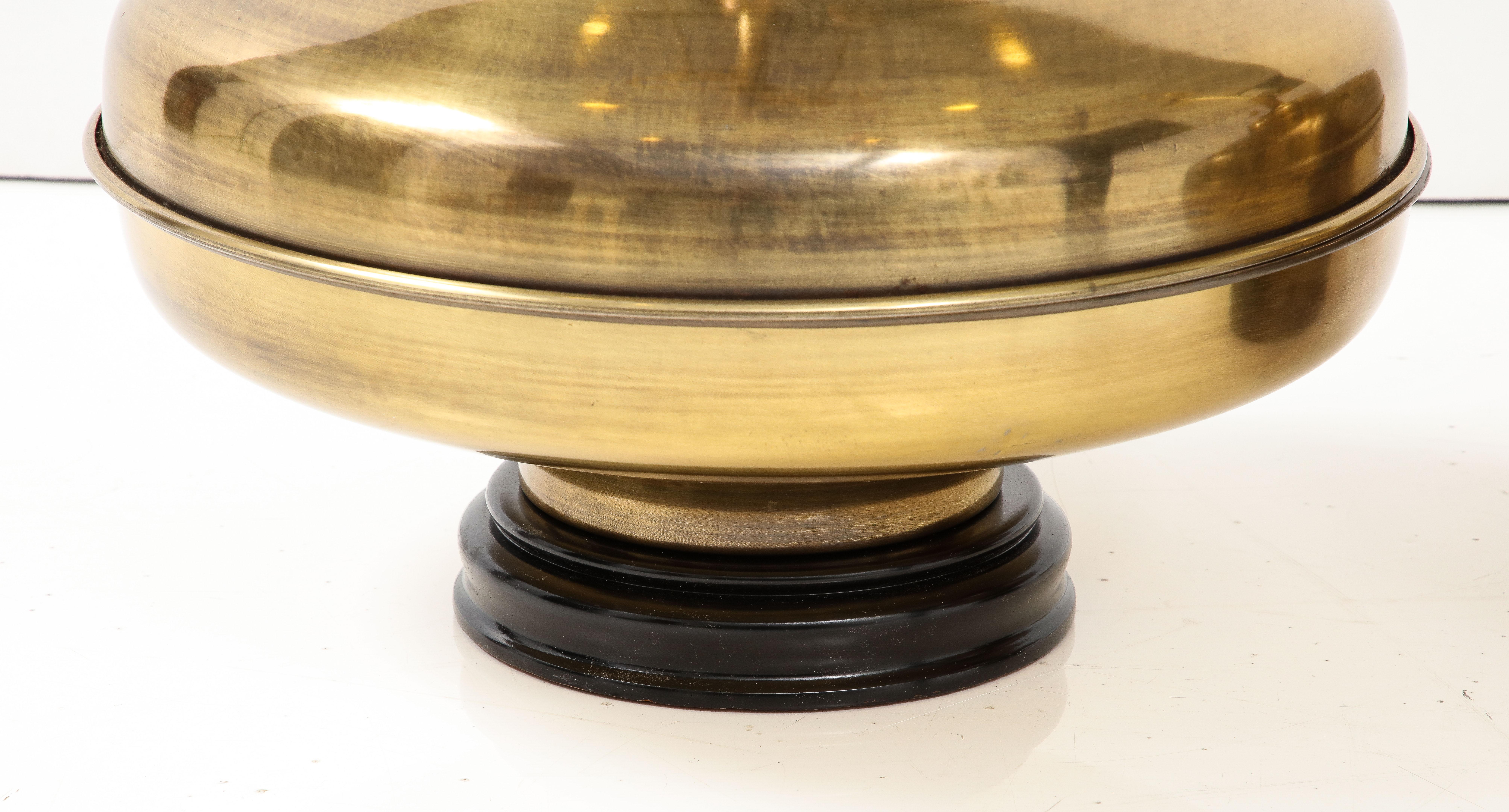 1970's Modern Oversized Brass Table Lamps with Wood Lacquer Base In Good Condition For Sale In New York, NY