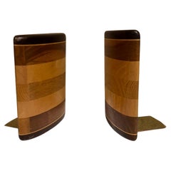 1970s Modern Pair of Bookends Layered Wood Stripe & Brass Style Don Shoemaker