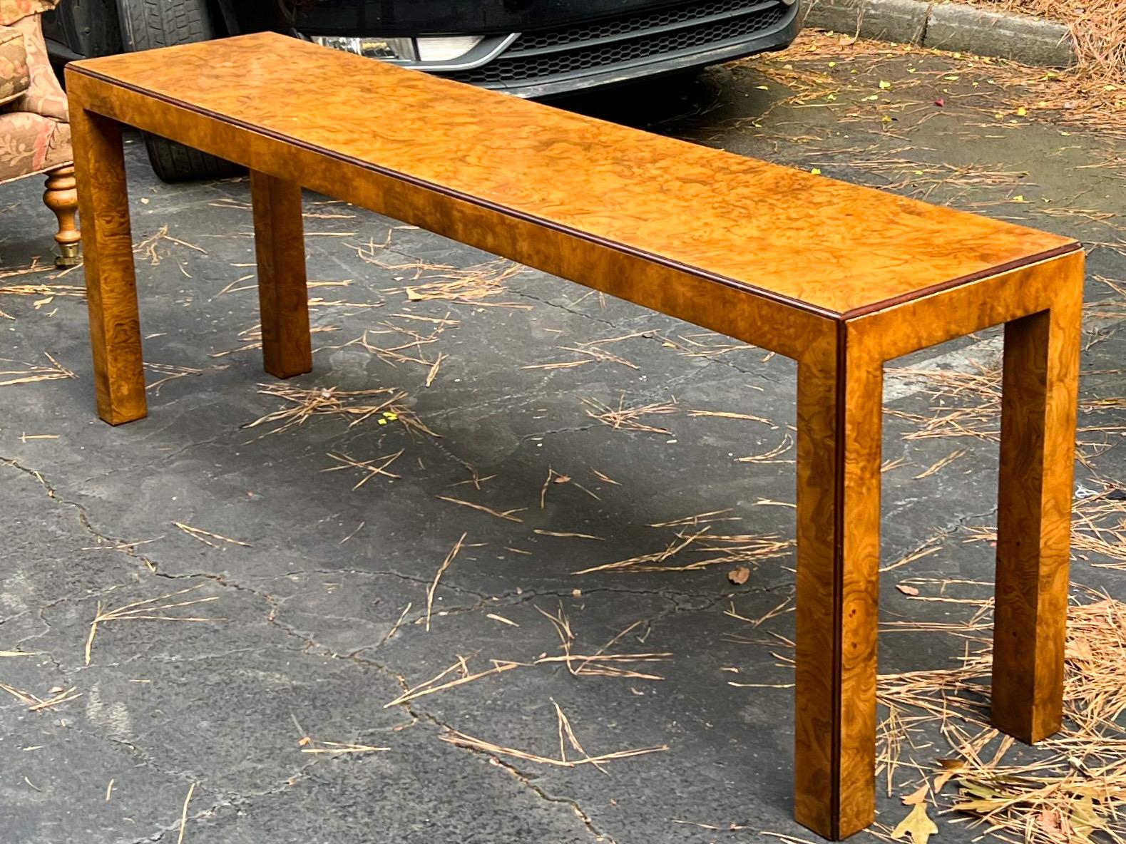 This console table works well in a variety of settings! It is a burlwood Parsons style piece by John Widdicomb in Grand Rapids Michigan. Its simplicity allows the wood to make the statement. I love the warm tones of burl. It is marked and in very