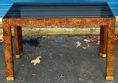 1970s Modern Parsons Style Faux Tortoise Brass & Glass Console Table