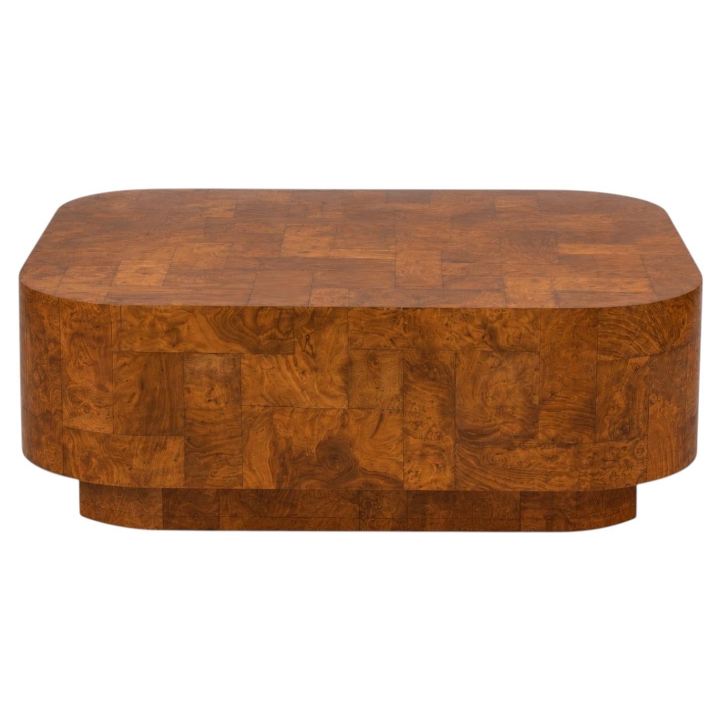 Mesa de centro flotante de estilo «patchwork» moderno de los años 70, con madera de nudo, al estilo de Paul Evans