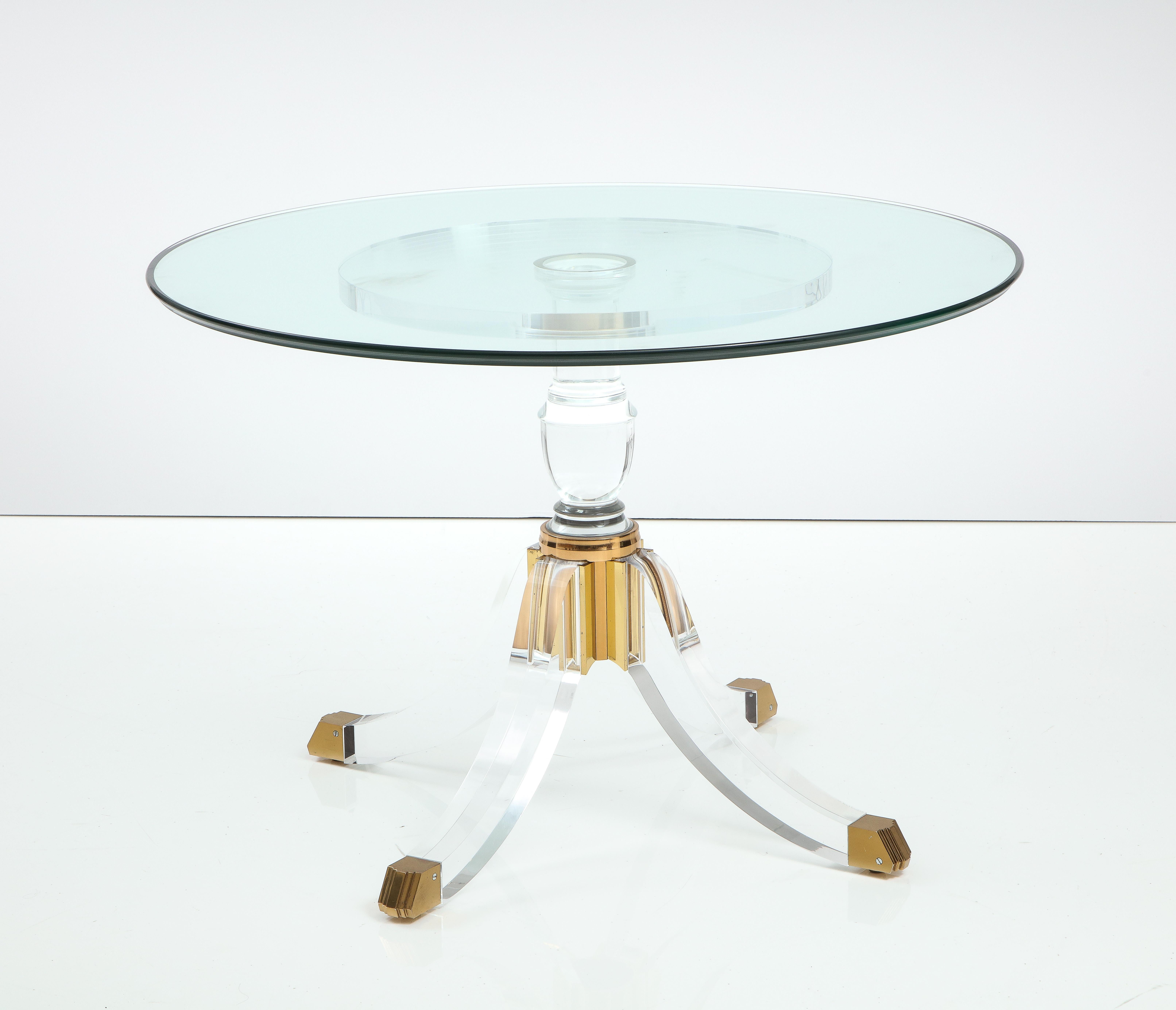 1970's Modern Pedestal Base Lucite And Brass Signed Dining Table 4