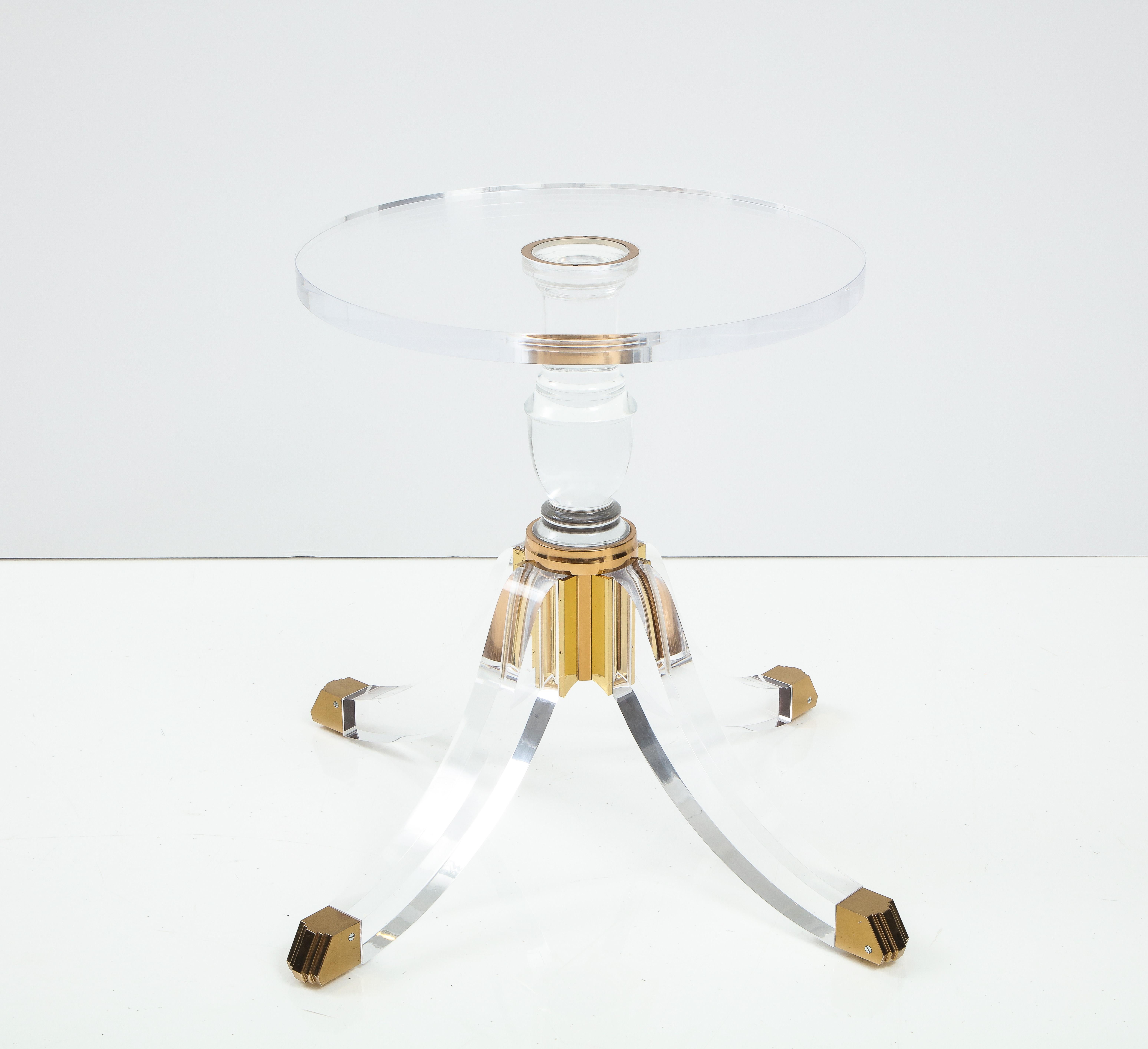 Mid-Century Modern 1970's Modern Pedestal Base Lucite And Brass Signed Dining Table