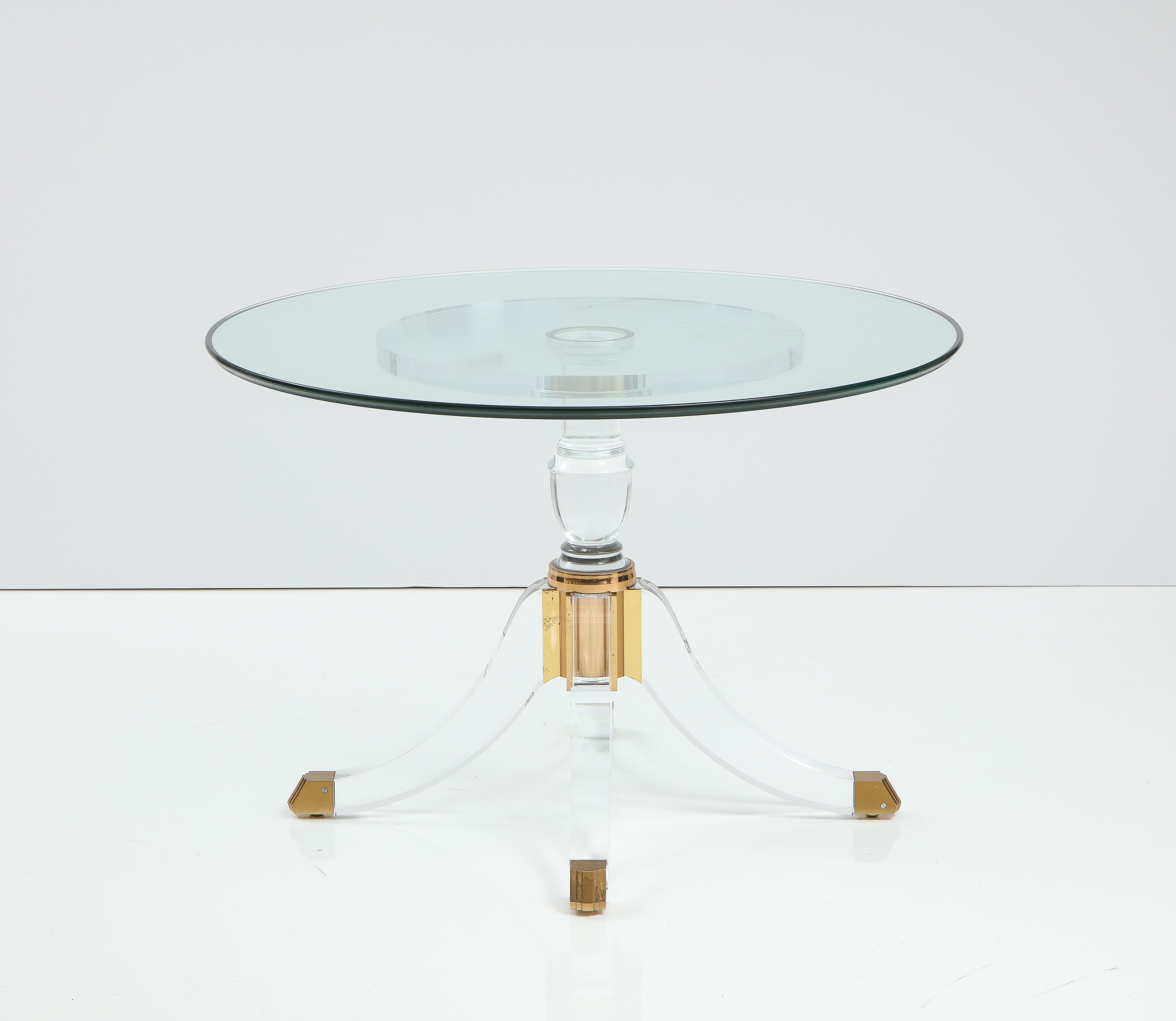 Late 20th Century 1970's Modern Pedestal Base Lucite And Brass Signed Dining Table