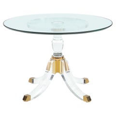 1970's Modern Pedestal Base Lucite And Brass Signed Dining Table