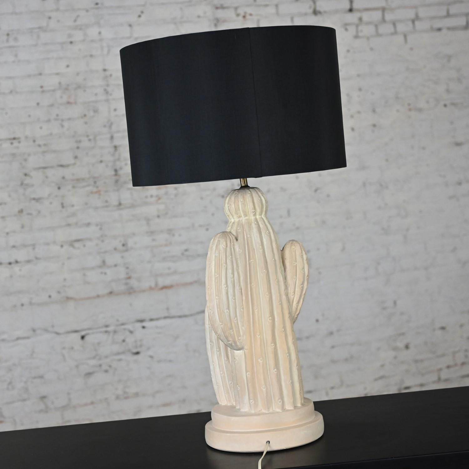 1970’s Modern Plaster Cactus Large Scale Table Lamp New Black Drum Shade For Sale 5