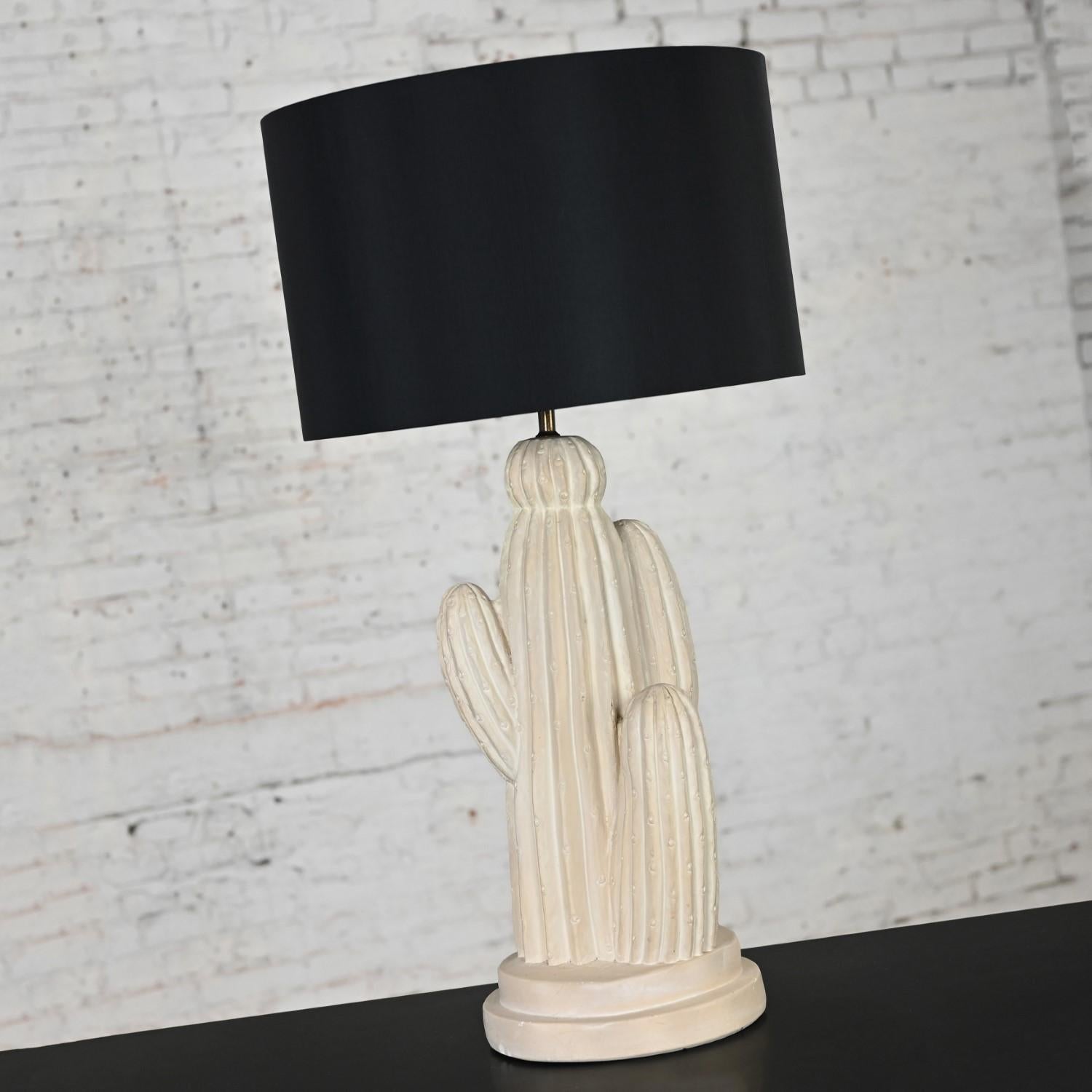 1970’s Modern Plaster Cactus Large Scale Table Lamp New Black Drum Shade For Sale 13