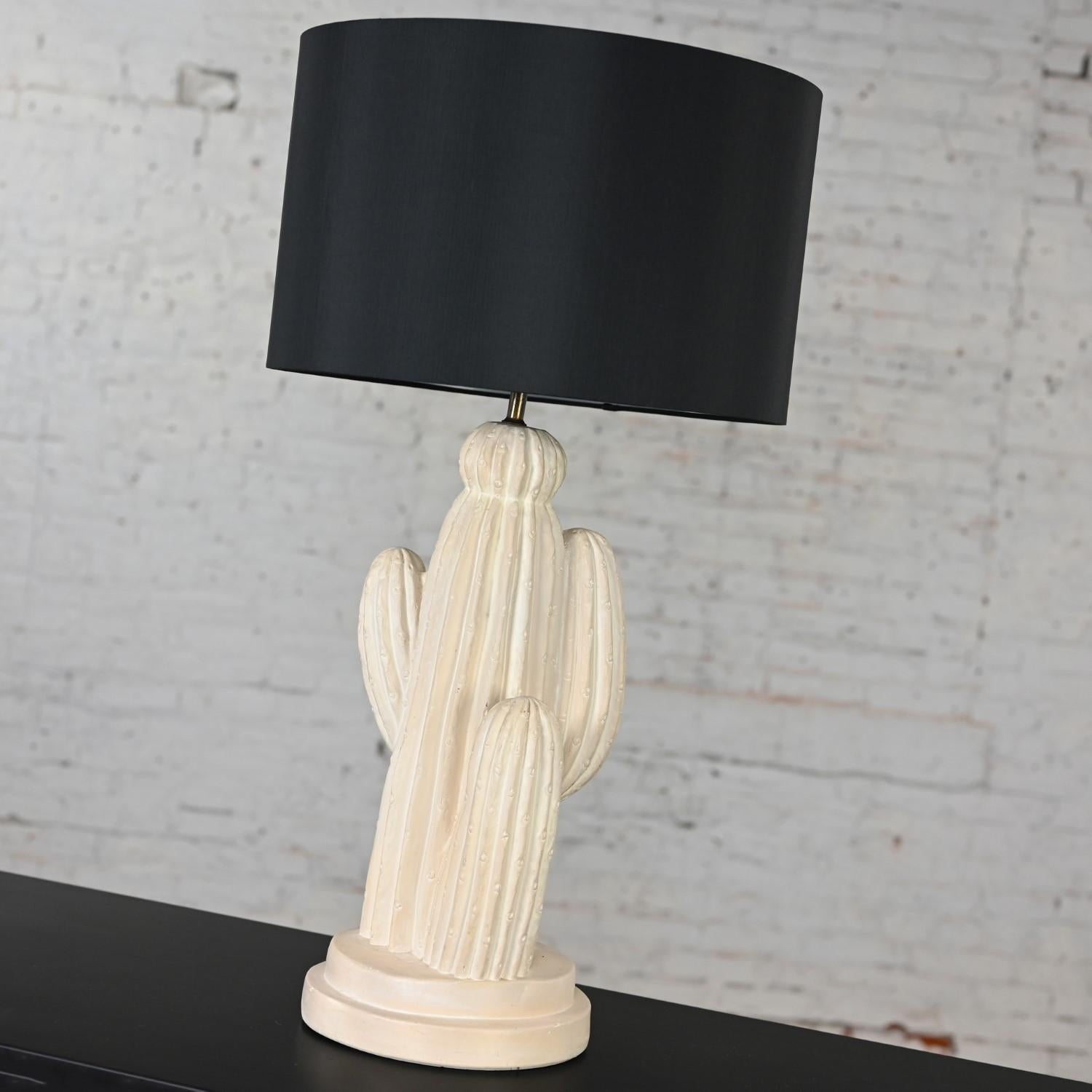 Unknown 1970’s Modern Plaster Cactus Large Scale Table Lamp New Black Drum Shade For Sale