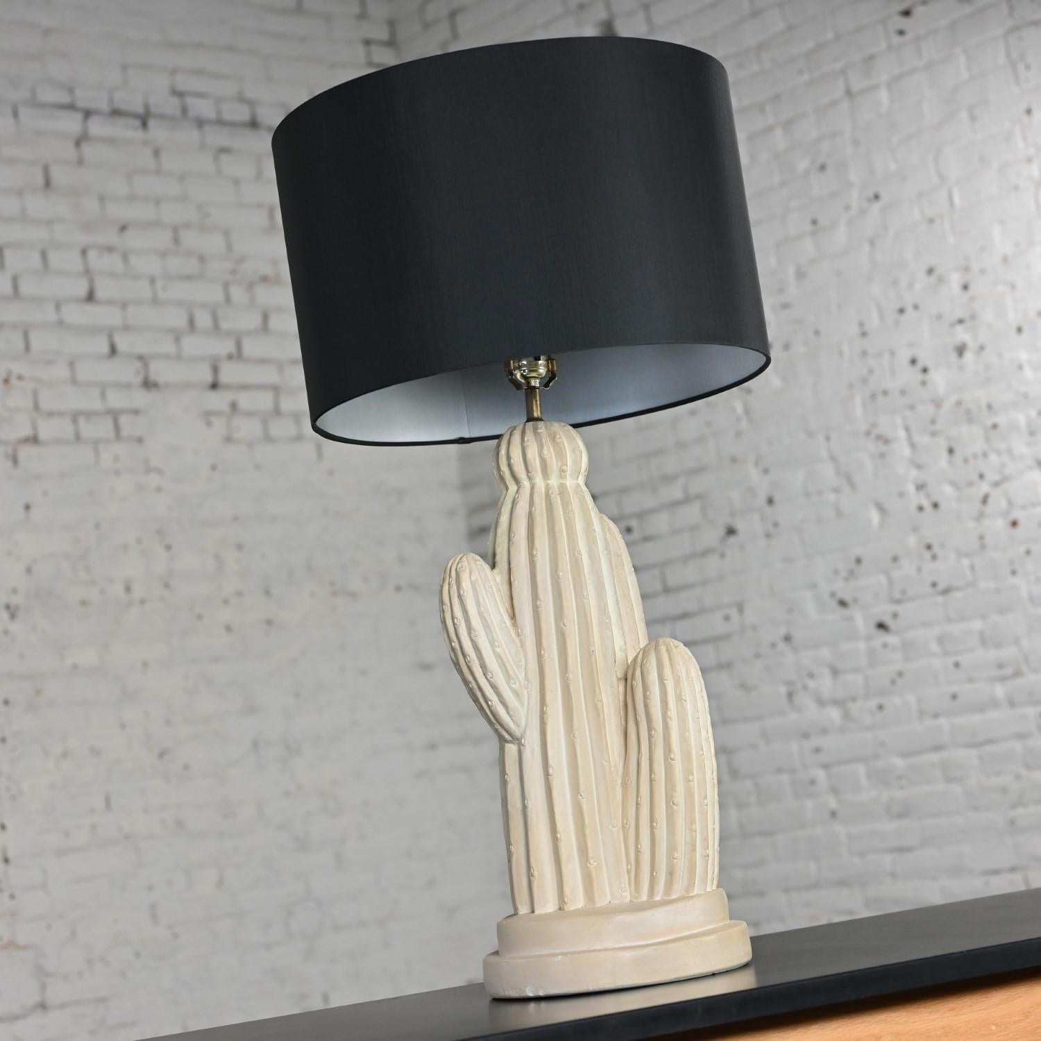 1970’s Modern Plaster Cactus Large Scale Table Lamp New Black Drum Shade In Good Condition For Sale In Topeka, KS