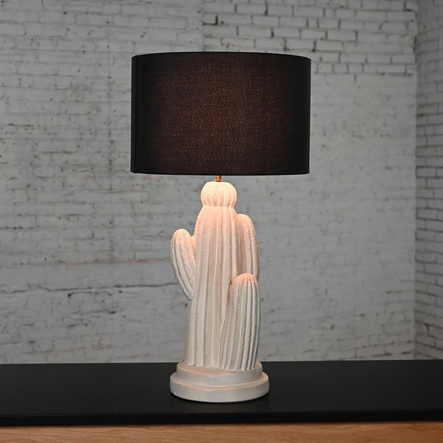 Late 20th Century 1970’s Modern Plaster Cactus Large Scale Table Lamp New Black Drum Shade For Sale