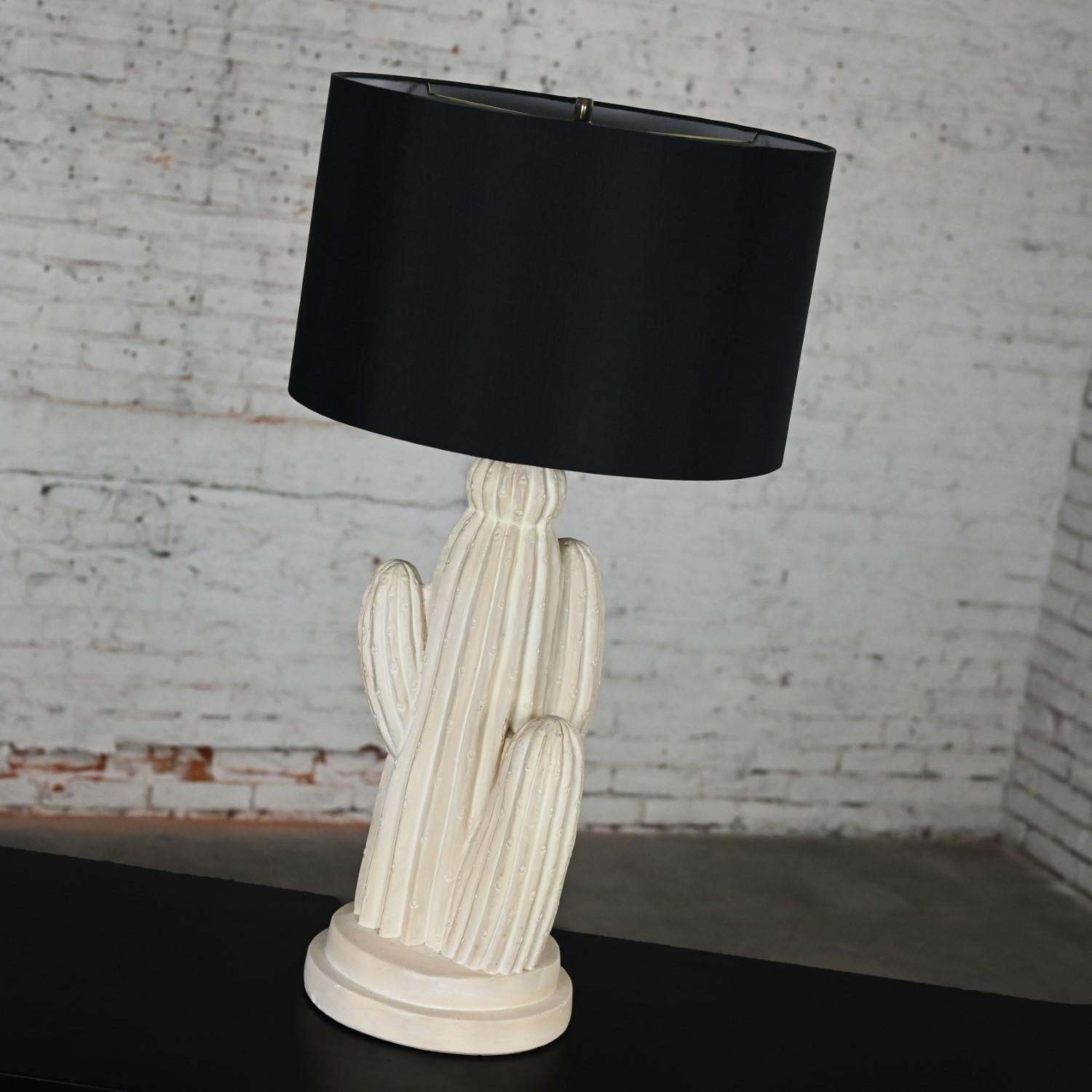 Brass 1970’s Modern Plaster Cactus Large Scale Table Lamp New Black Drum Shade For Sale