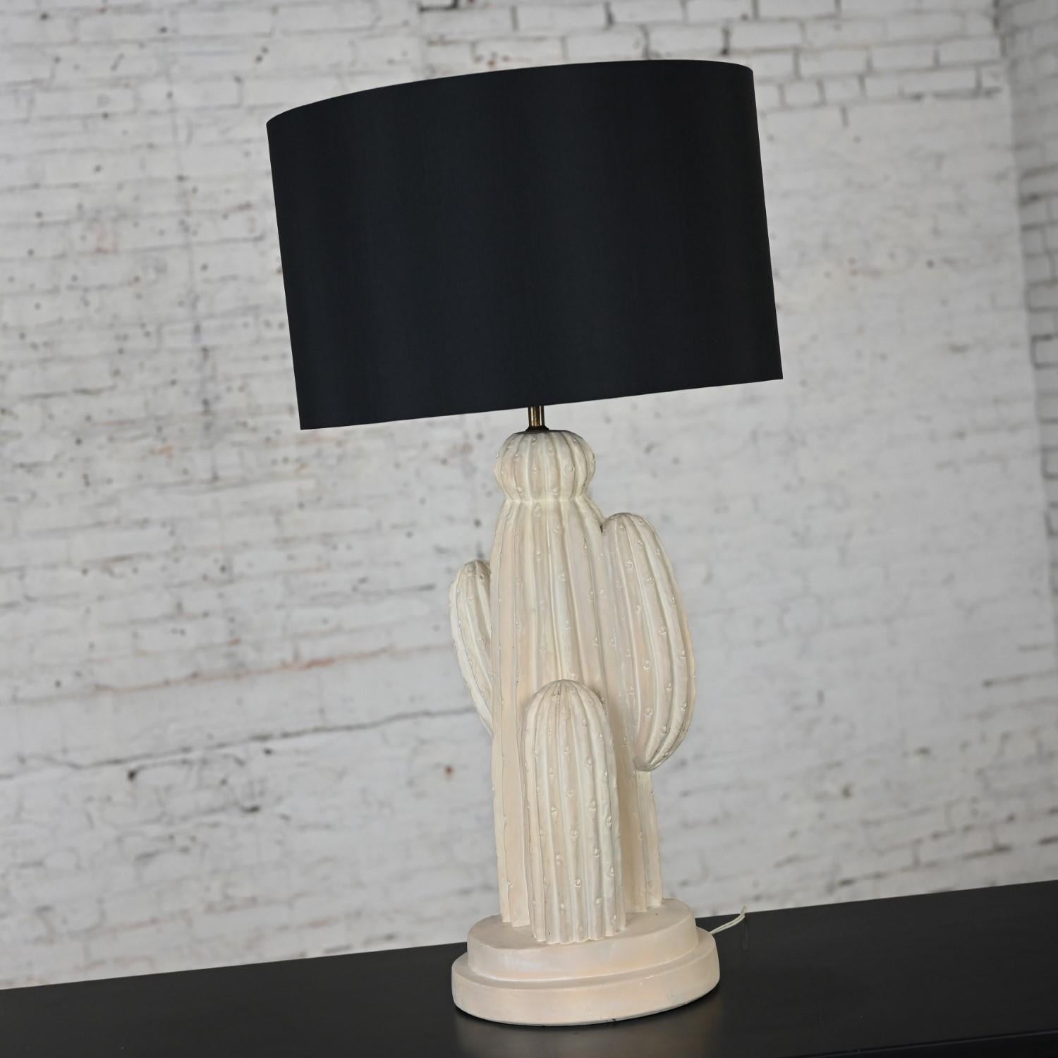 1970’s Modern Plaster Cactus Large Scale Table Lamp New Black Drum Shade For Sale 2