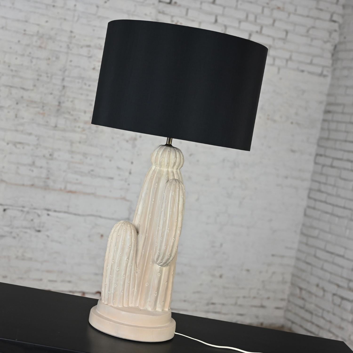 1970’s Modern Plaster Cactus Large Scale Table Lamp New Black Drum Shade For Sale 3