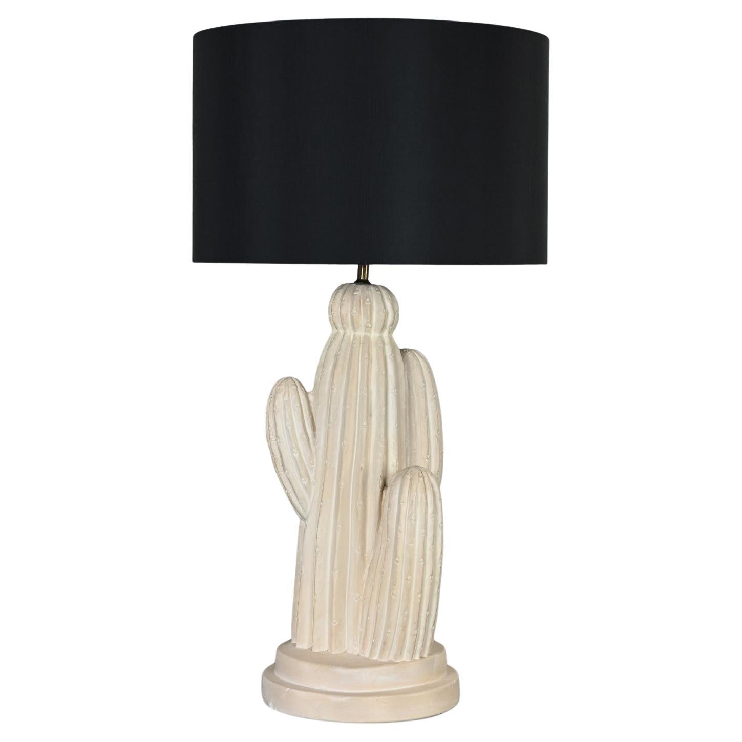 1970’s Modern Plaster Cactus Large Scale Table Lamp New Black Drum Shade For Sale