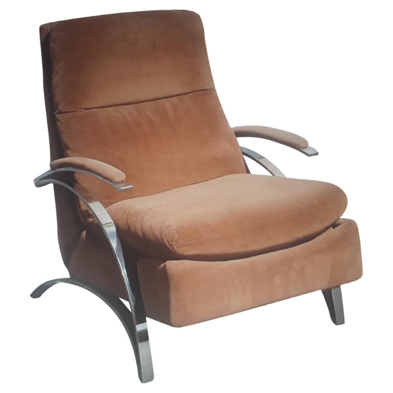 Moderna sedia a sdraio Barcalounger degli anni '70 in peluche marrone e  cromata in vendita su 1stDibs