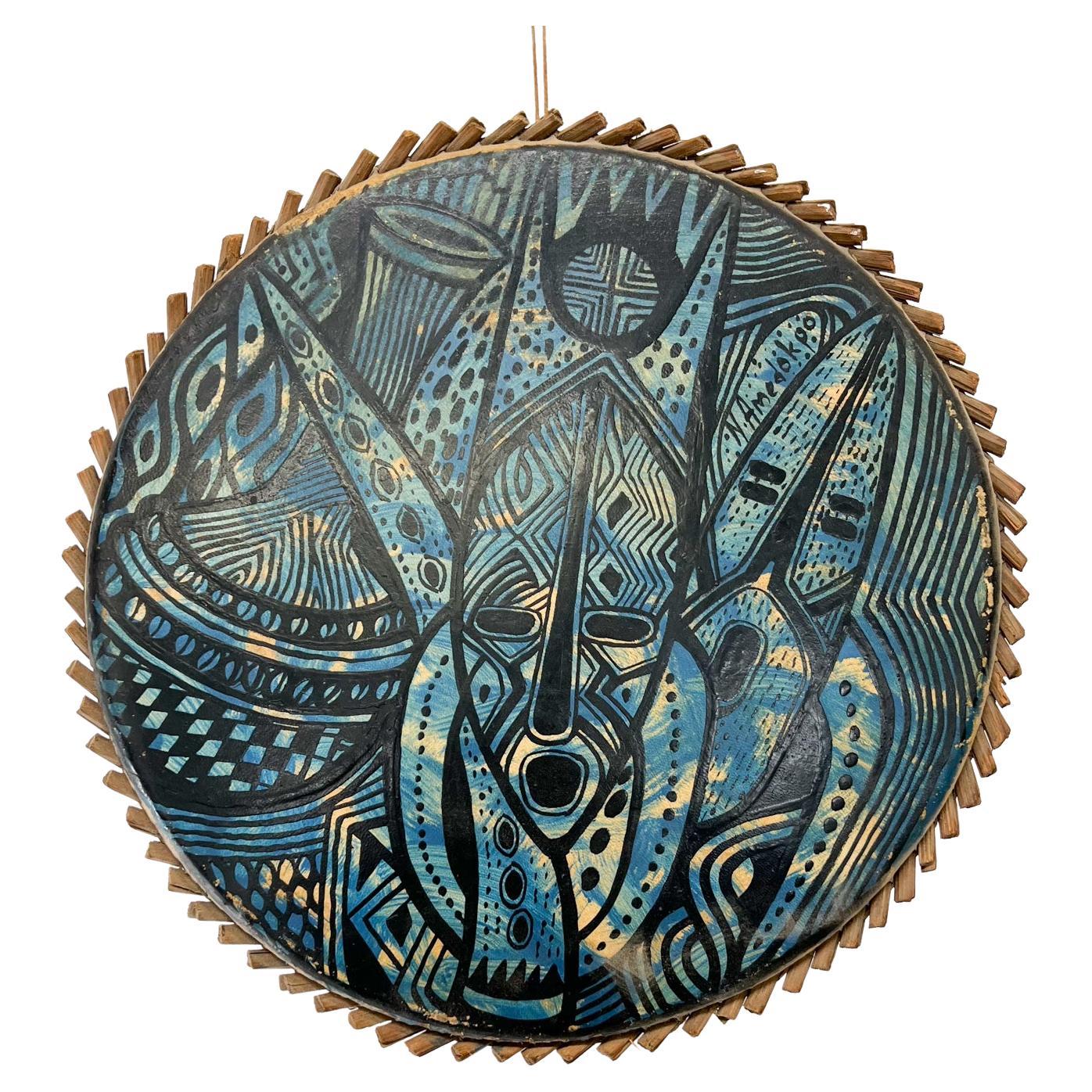 1970s Modern Pottery Art Blue Tambourine Goatkin and Wood