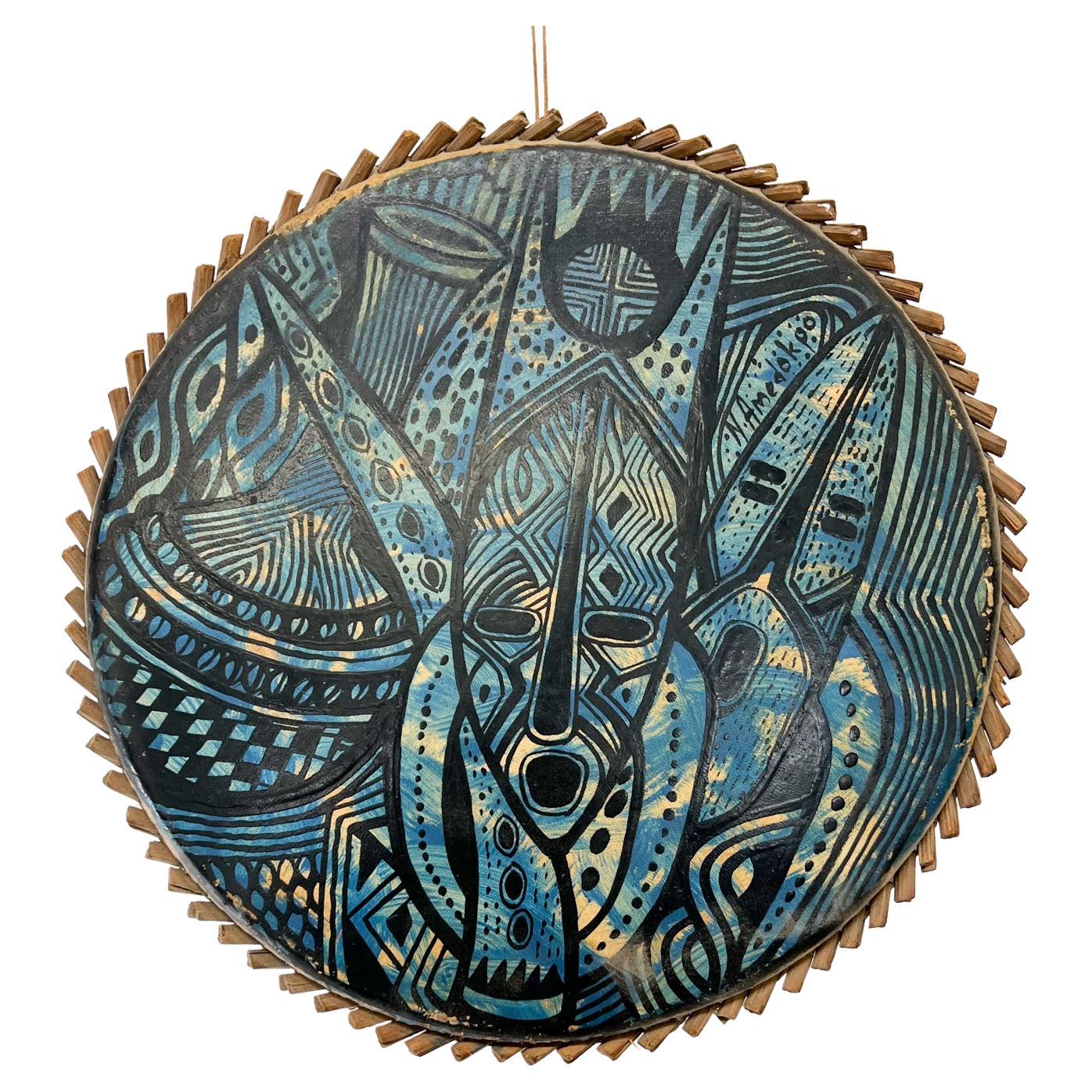 Moderne Keramikkunst der 1970er Jahre Blaues Tambourine Ziegenleder und Holz