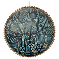 1970s Modern Pottery Art Blue Tambourine Goatskin and Wood